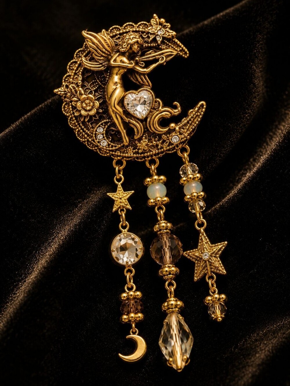 Gold Dragon Moon Dangle Earrings with Crystal Drops - Picture 5 of 8